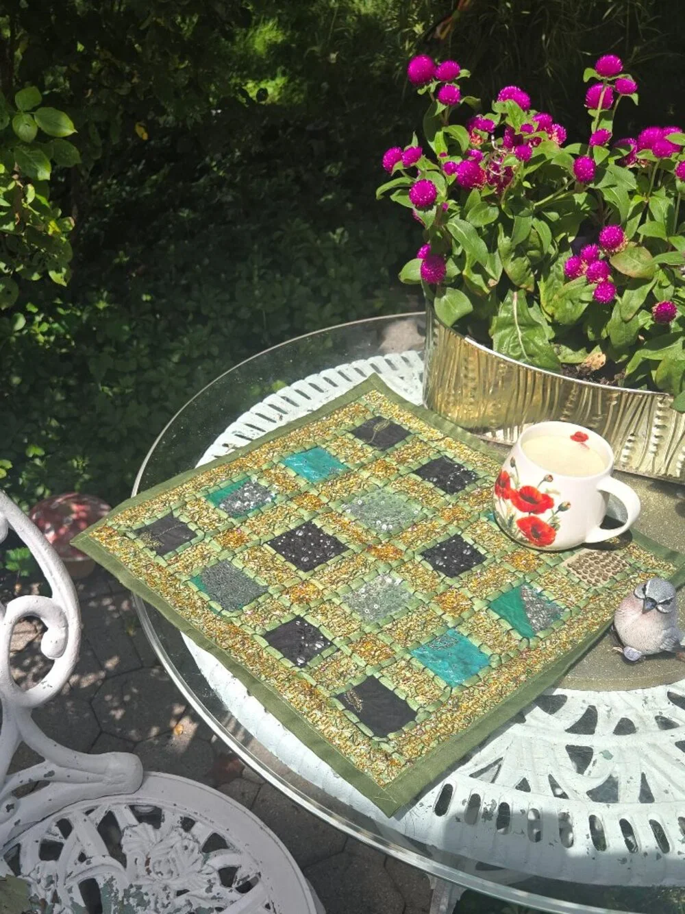 Vintage Pier 1 Imports Beaded Patchwork Placemat – Green & Gold Boho Table Decor